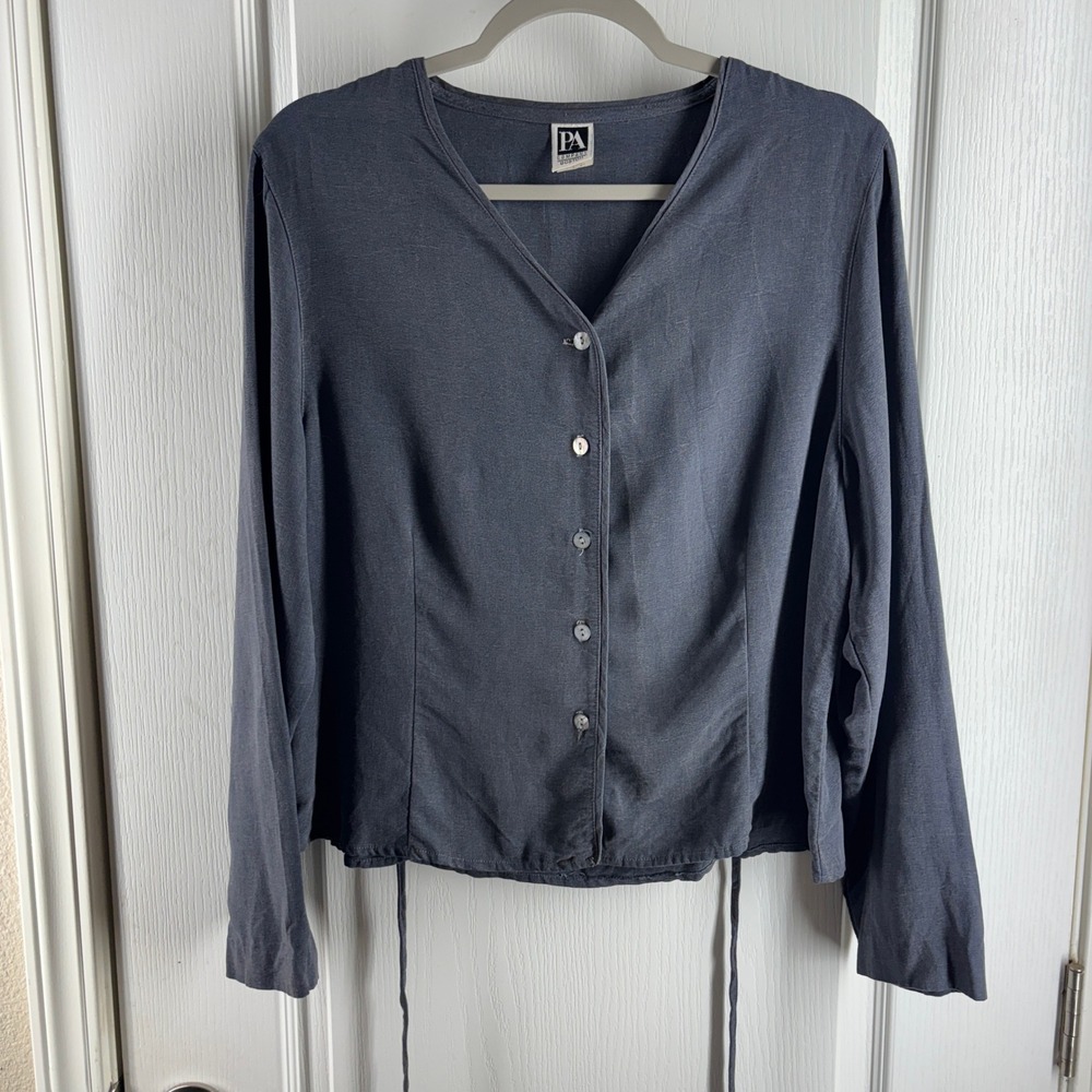 PA Company Boston Gray Tencel Rayon Button Down V-Neck Blouse Back Tie Large